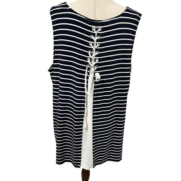 CJ Banks Navy and White Stripe Short Sleeve Lace Up Back Top Size 2X EUC - Picture 5 of 5